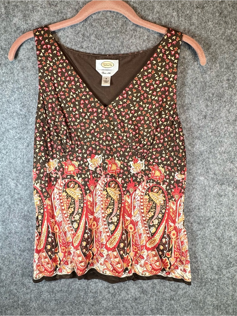 Talbots Pure Silk Sleeveless V-Neck Paisley Blouse Top Sz 8 Brown Red Floral